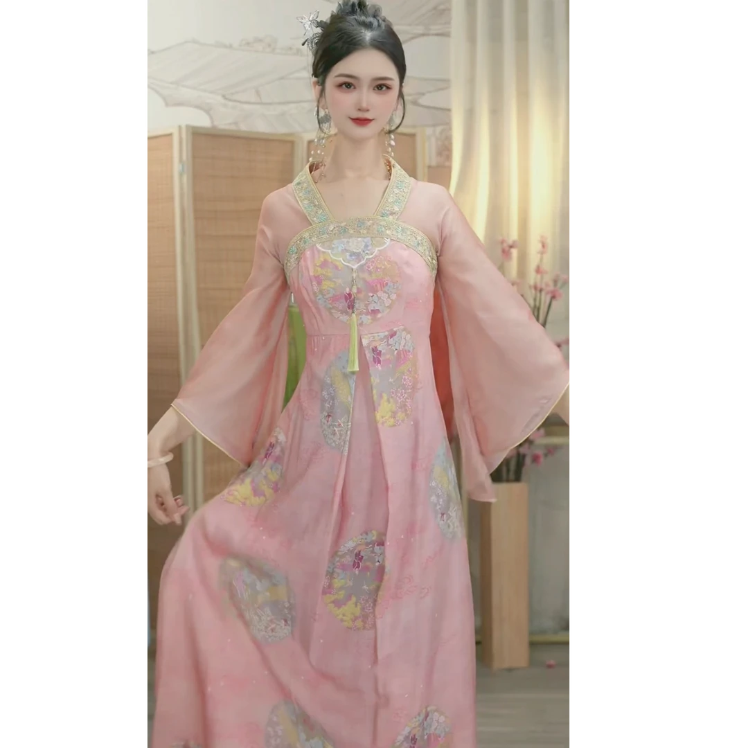 羽唐名2025夏季新款中国风飘逸日常粉色长款连衣裙1497