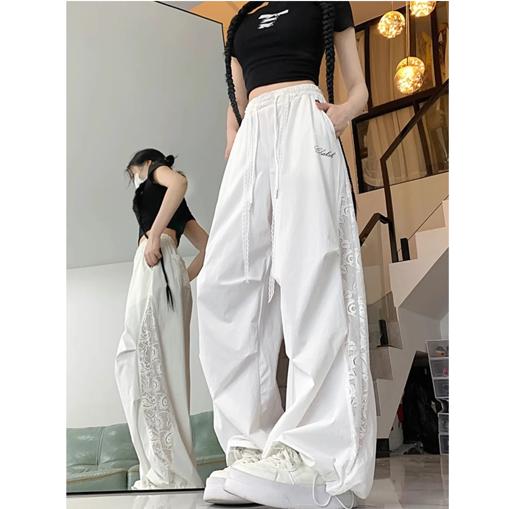 夏季白色蕾丝拼接镂空设计宽松显瘦阔腿裤垂感休闲长裤运动高腰