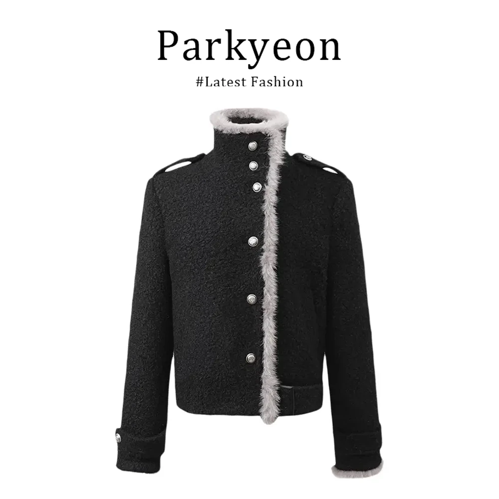 parkyeon秋冬季韩系设计感宽松拼接立领短款外套复古双面呢大衣女