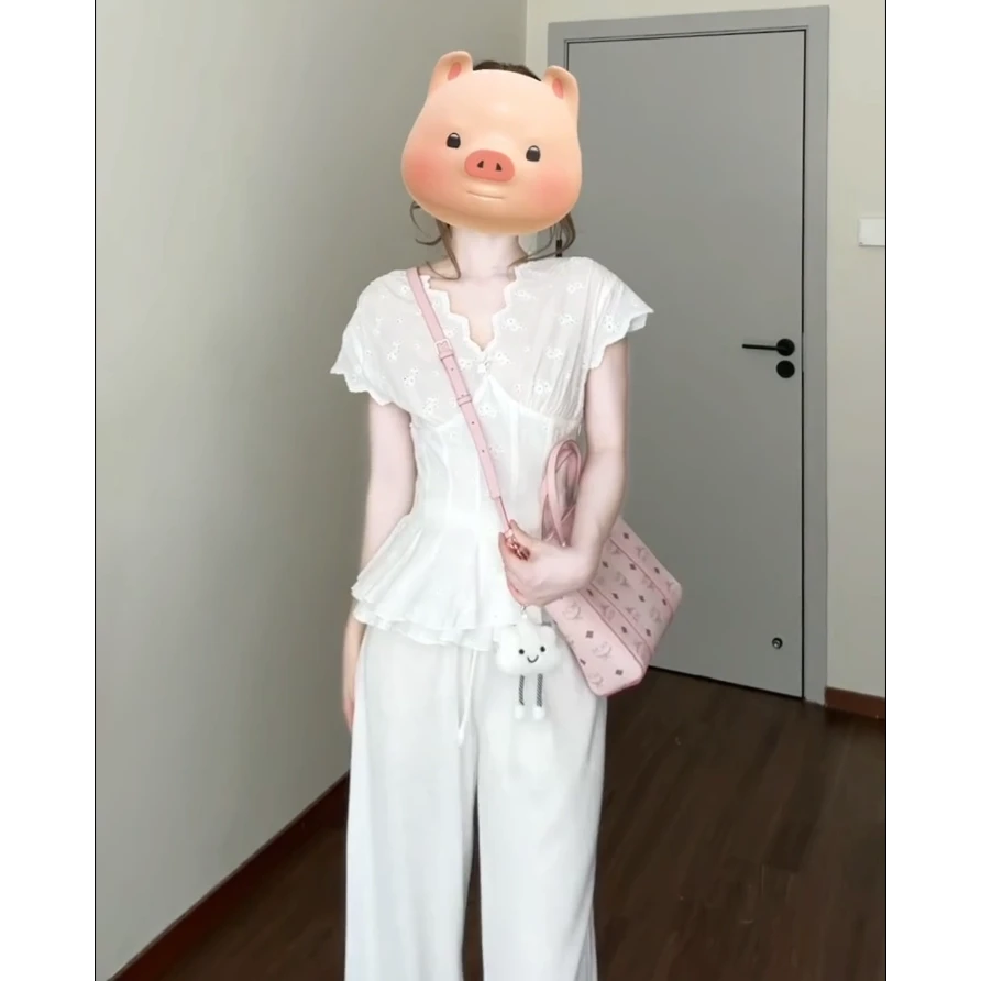 大码女装法式甜美V领短袖衬衫夏季新款显瘦裤子宽松设计感上衣