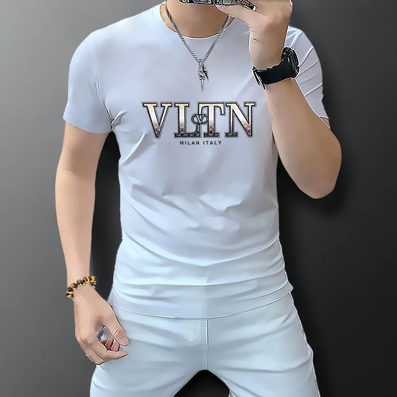 2025新款男士短袖t恤青年个性高品质男装修身上衣夏季欧潮流欧货