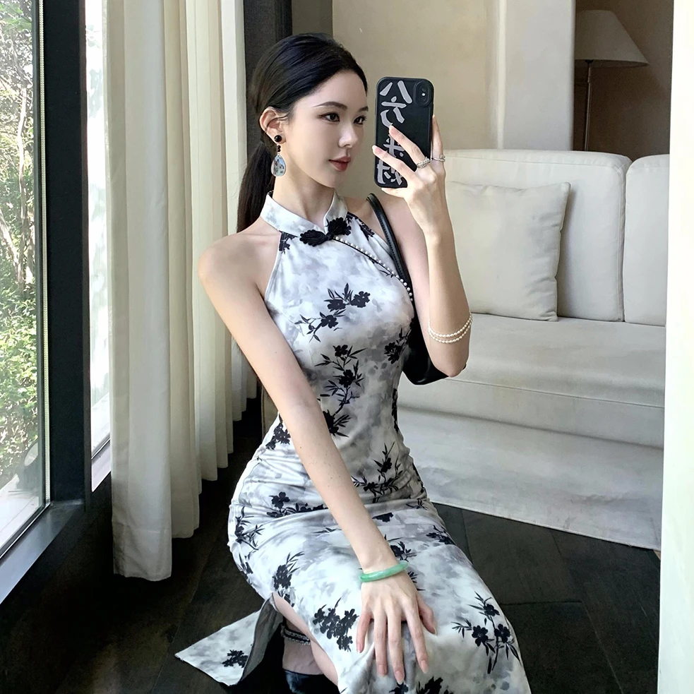 夏季新中式国风年轻款改良旗袍长款高端印花连衣裙直播女主播衣服