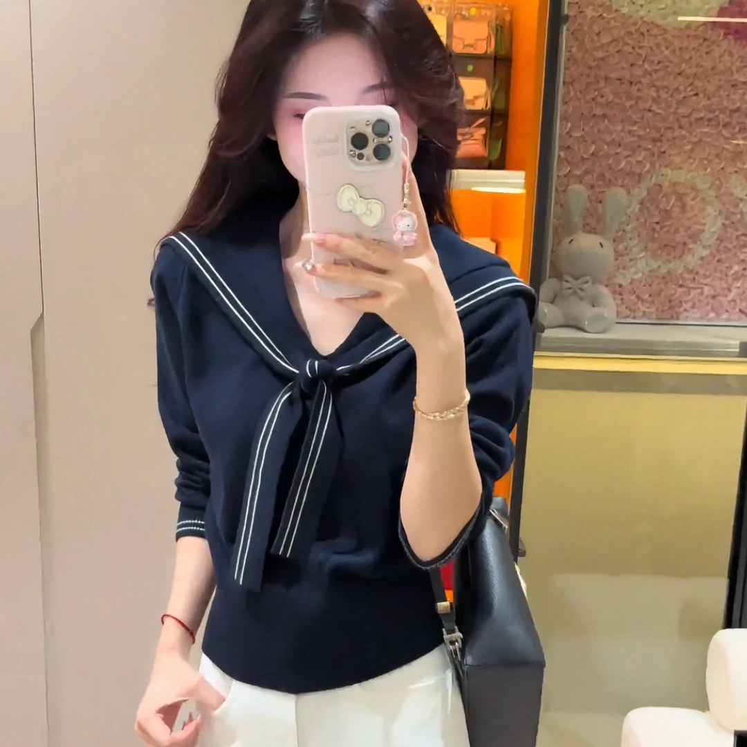 海军领披肩针织打底毛衣女2025年网红新款潮流百搭高级感设计感女
