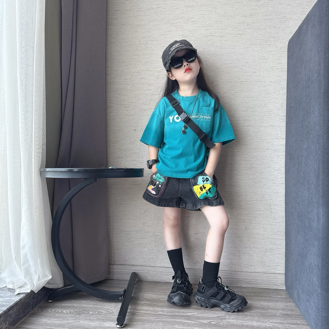 男女童夏季潮酷休闲个性牛仔短裤中大童百搭宽松短袖T恤衫潮