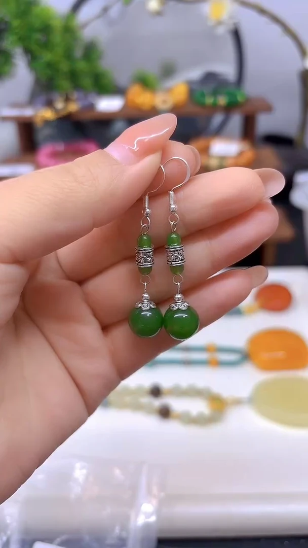 银S925镶嵌和田玉耳饰E877