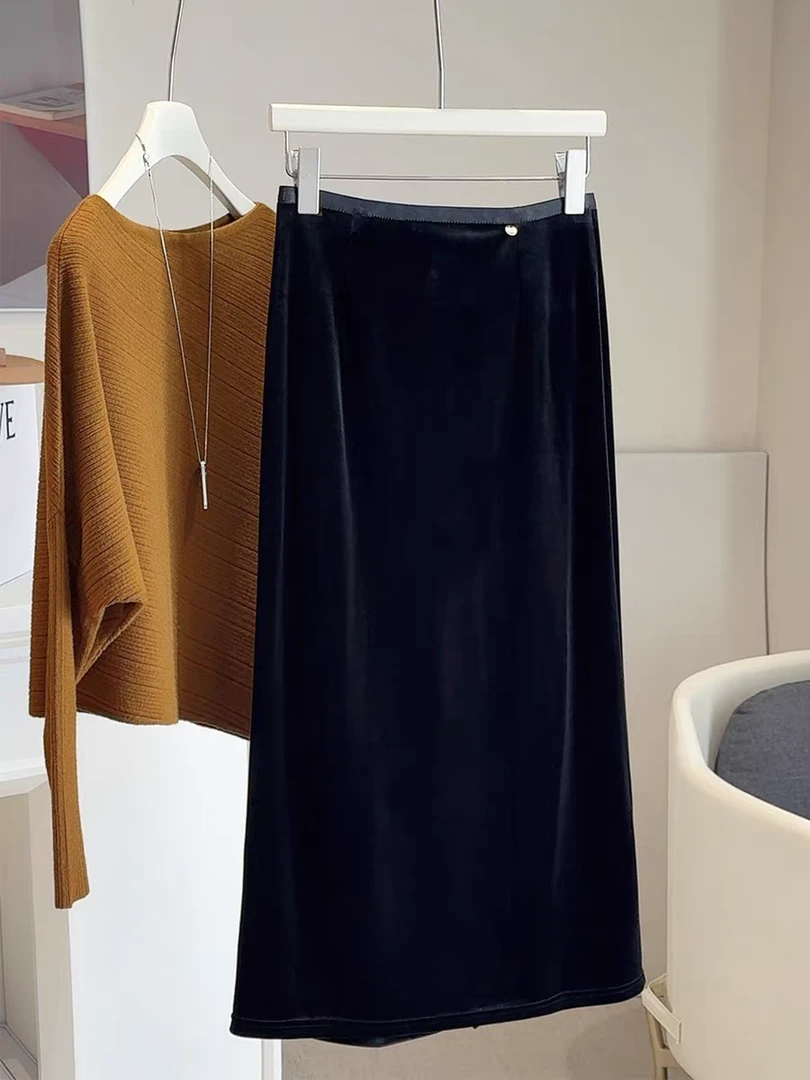 1306秋冬新款丝绒直筒半身裙