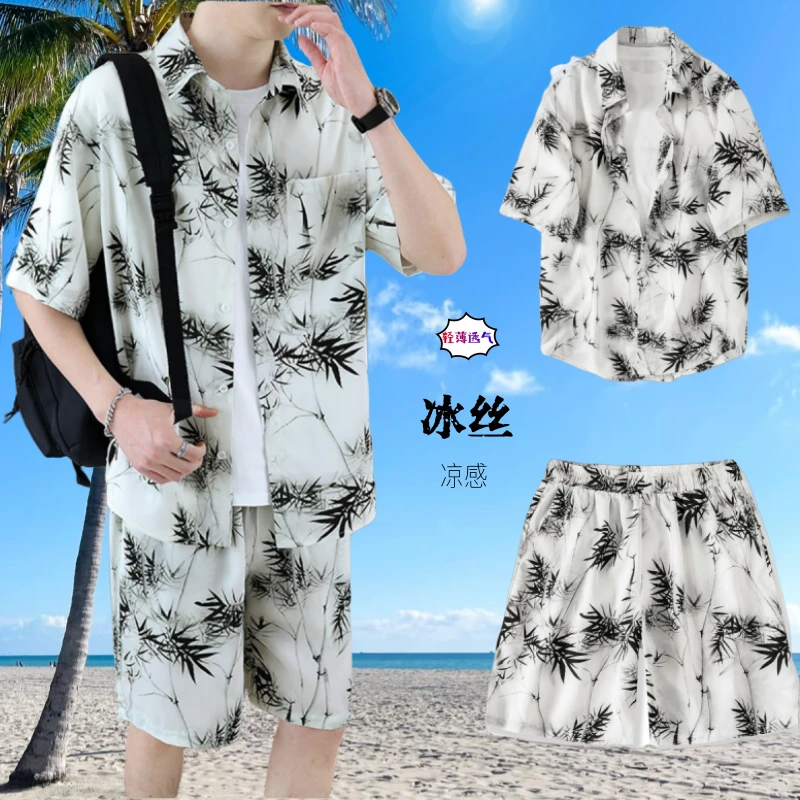 冰感时尚休闲套装2025男士夏季潮流痞帅休闲花衬衫短袖短裤两件裤