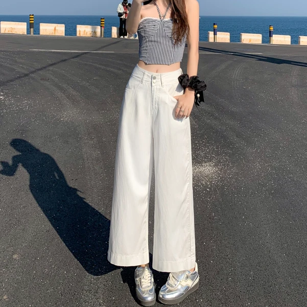 白色阔腿牛仔裤女夏季薄款爆款2025新款女士通勤小个子九分直筒裤