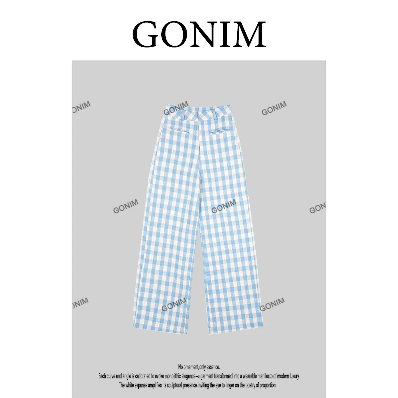 Gonim· "奶油蓝白格‘’多巴胺格子高腰阔腿休闲裤女夏季慵懒风长裤