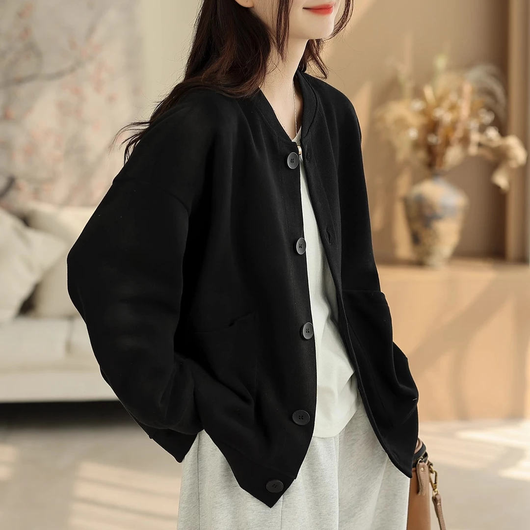 简约纯色大口袋外套女秋季新款女士落肩袖棒球领时尚宽松女装上衣