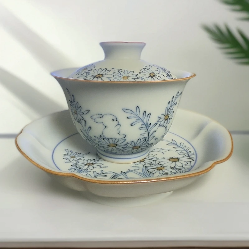 代购许昌超市釉中彩三才盖碗茶盖碗中式陶瓷瓷器泡茶表演茶具