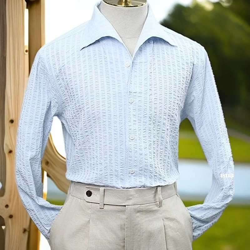 CF修峰意式休闲绅士一片领纯棉泡泡纱条纹长袖衬衫复古男衬衣