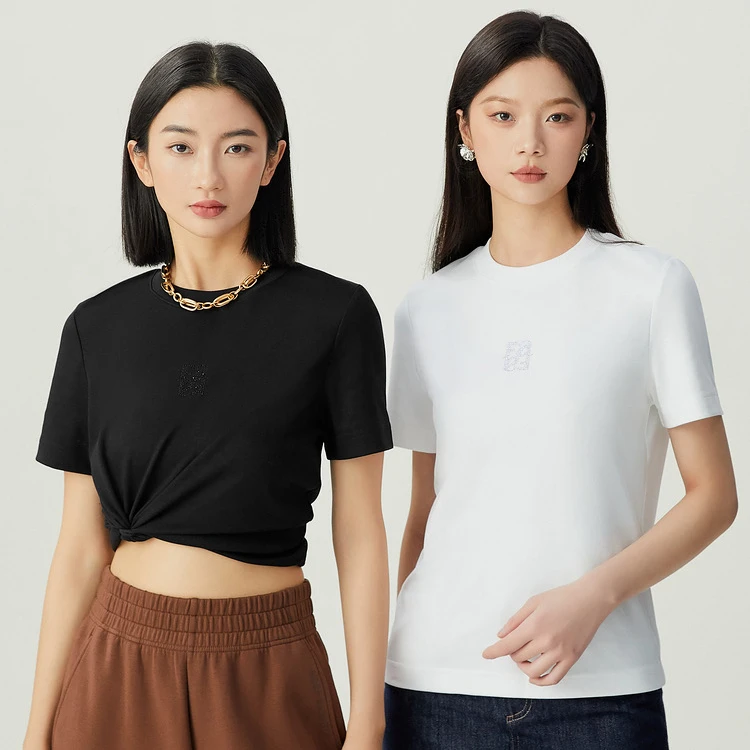 【商场同款】夏季白色纯棉简约烫钻字母圆领短袖T恤女A301442