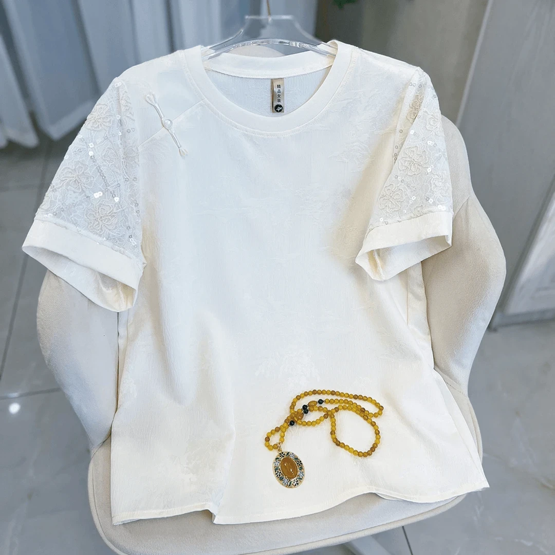 【月月专属】设计感蕾丝衫百搭显瘦白色镂空夏季短袖显瘦暗花T恤