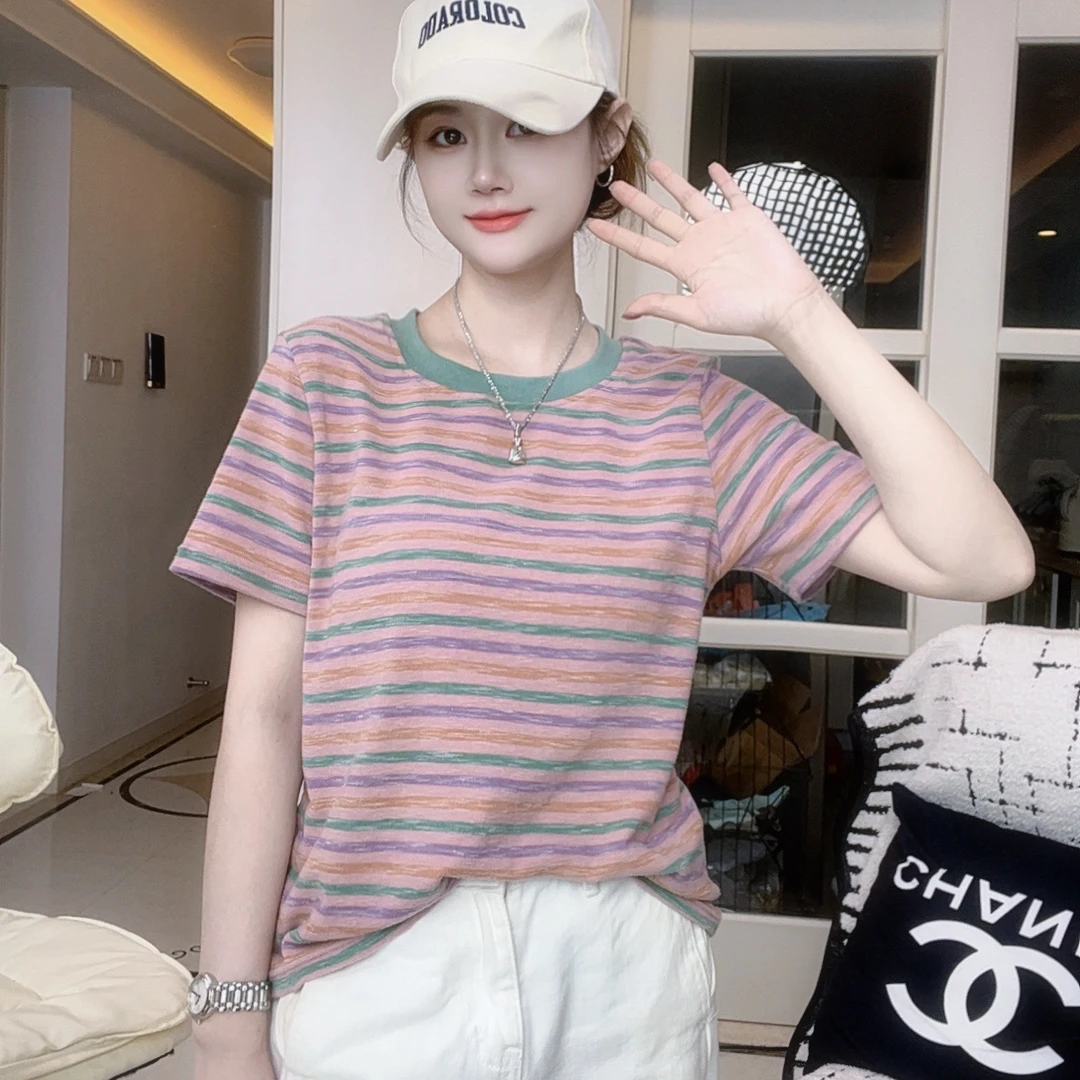 粉色条纹正肩短袖t恤女夏季2025新款欧货高级感修身短款体恤上衣3