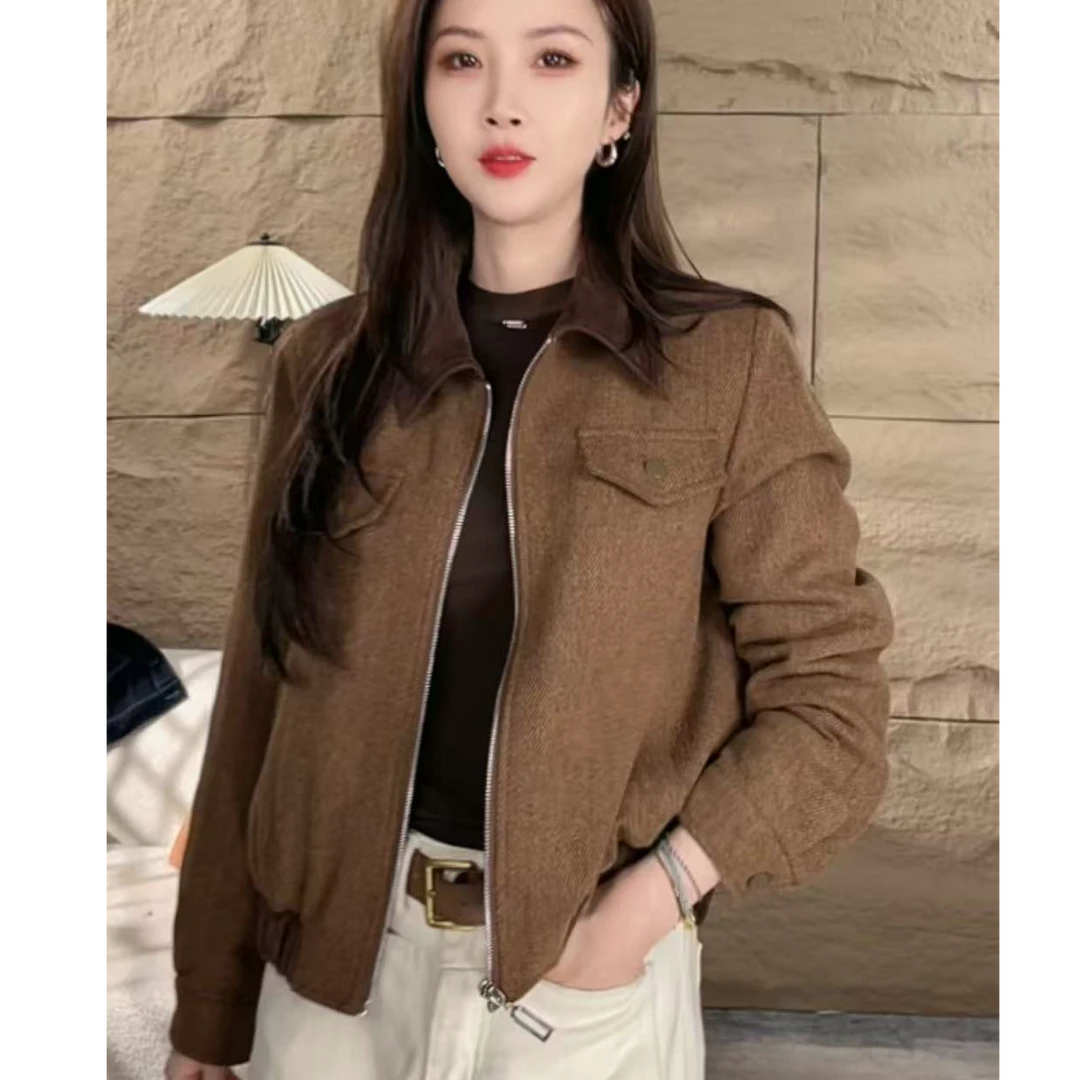 秋冬新款时尚棉服气质百搭领口拼接上衣女立领显瘦女气质外套休闲