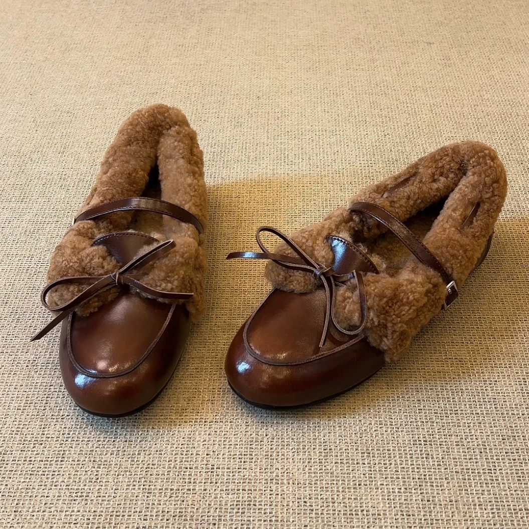 RubyL/2cm复古风蝴蝶结一字扣带舒适圆头内增高毛毛玛丽珍鞋女款