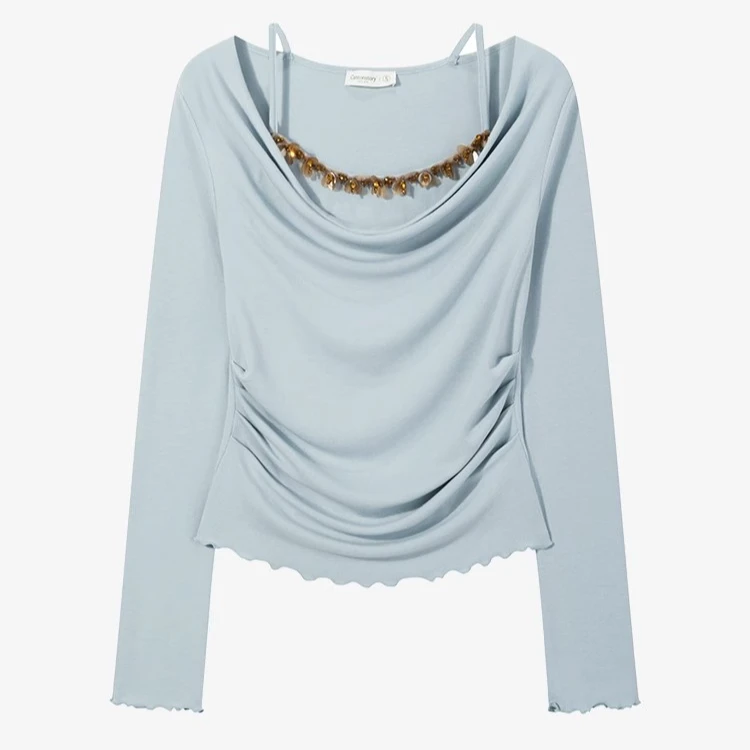 【春款】复古法式荡领设计感捏褶假两件亮片针织上衣Y41247647