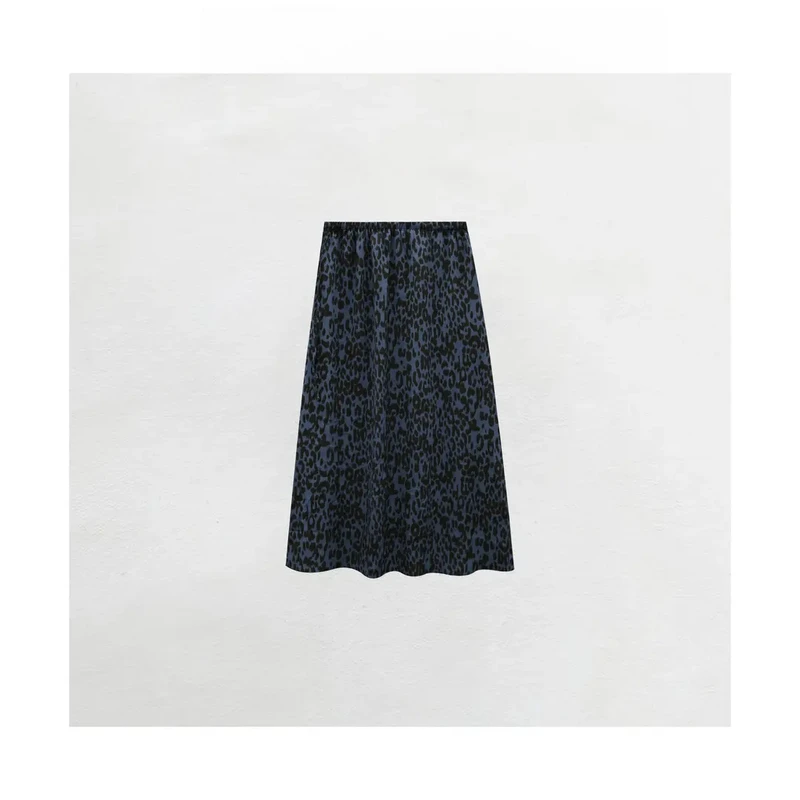 蓝色豹纹半身裙夏季百搭通勤全松紧豹纹直筒长裙显瘦百搭半身裙子