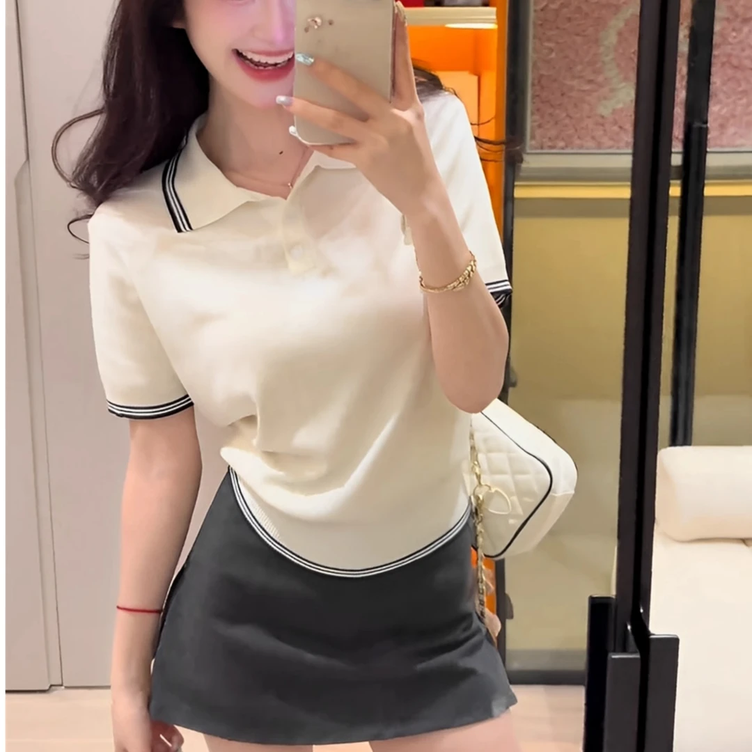 Polo领短袖针织衫女夏季新款韩系时尚气质撞色正肩休闲翻领上衣