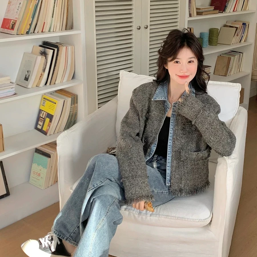 《猪猪出品》牛仔拼接小香风气质百搭短款女假两件外套春秋新款