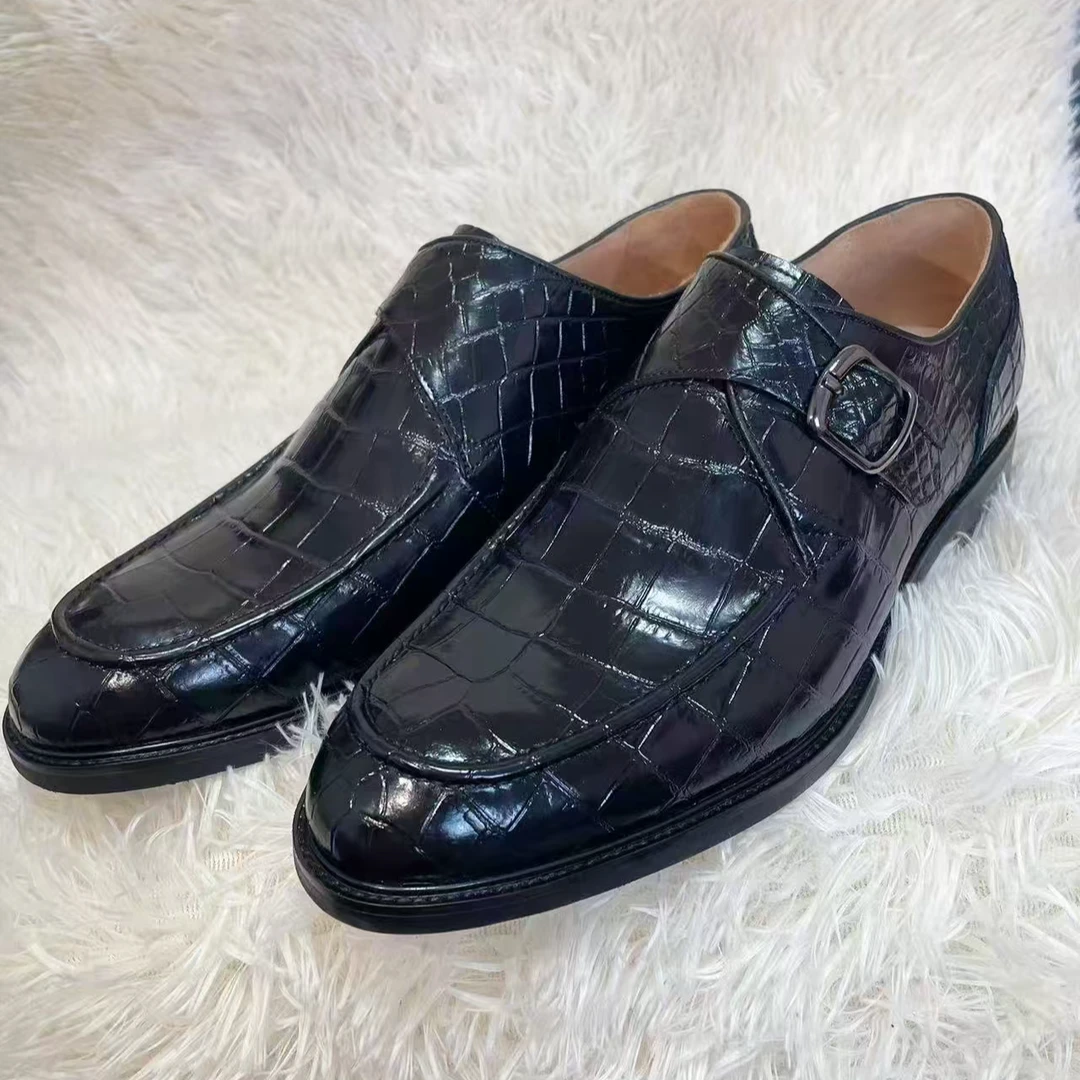 正装黑色鳄鱼皮单排扣 英伦风商务休闲皮鞋