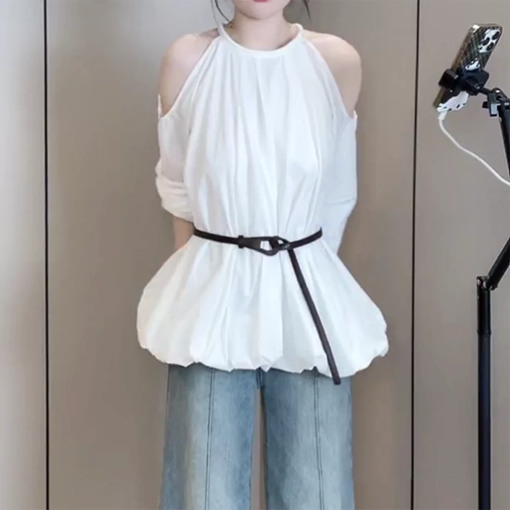 【轻盈仙气】新款花苞女法式褶皱温柔气质露肩长袖上衣衬衫C5842