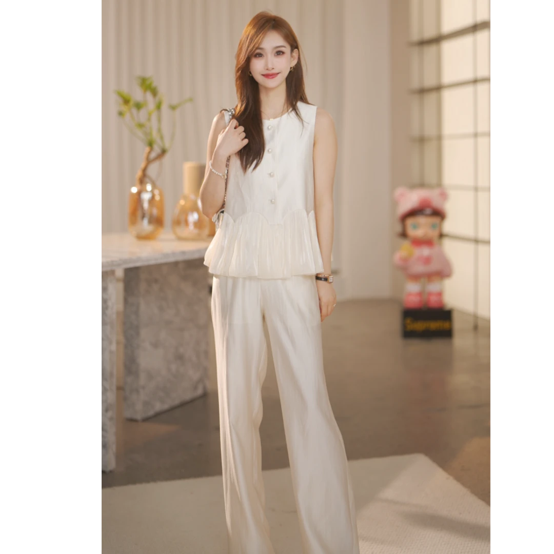 【ShawEleven】 2025年夏法式珠光感圆领珍珠上衣裤子套装88935