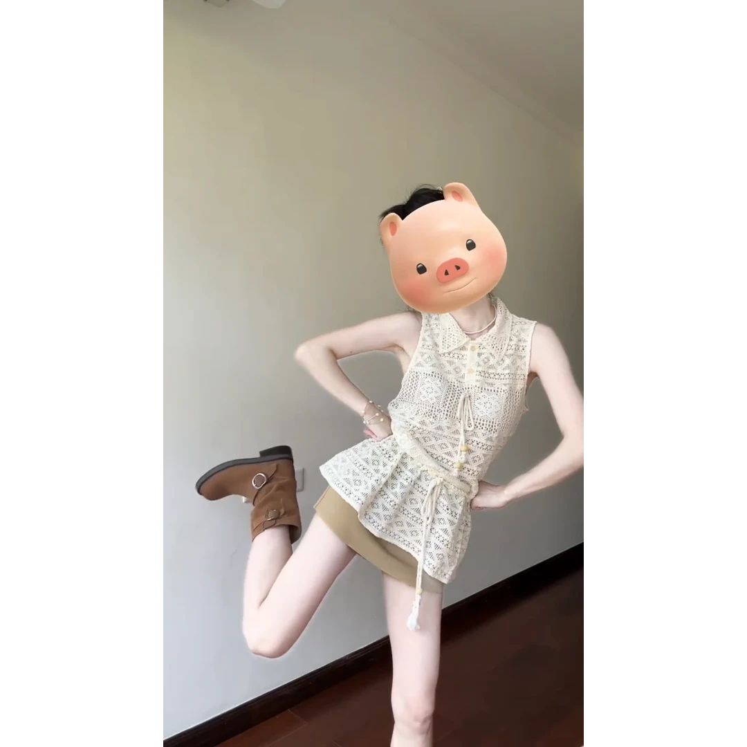 MARIE.COCO夏季小众设计感镂空针织收腰翻领背心上衣高腰短裙套装