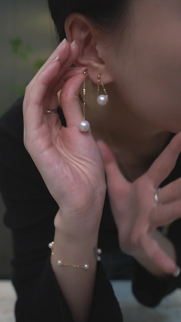 【闪购商品】淡水珍珠耳饰18K金镶嵌通体18K金     白色秋千耳环