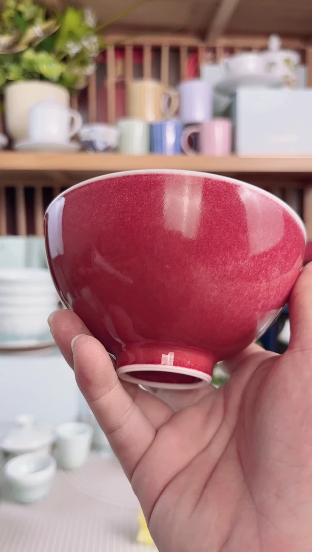 碗景德镇高温豇豆红陶瓷碗4.5英寸