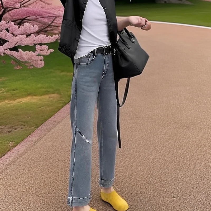 2025春季新款高腰显瘦窄版直筒牛仔裤大码百搭弹力遮胯九分阔腿裤