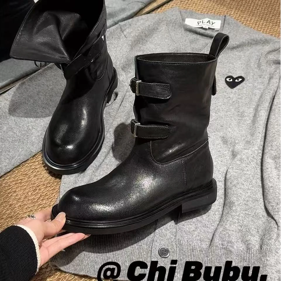 CHIBUBU【现货】重工水洗马皮时尚黑色厚底双扣短靴中筒筒靴秋冬