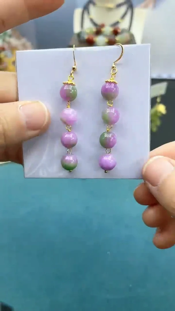 【闪购商品】翡翠耳饰14K金镶嵌春彩四珠耳钩