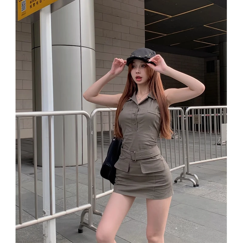 气质棕灰色无袖辣妹工装连衣裙女美式设计修身显瘦收腰短裙包臀裙
