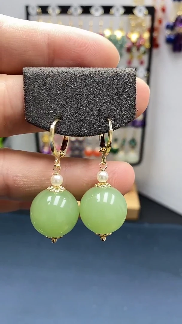 【闪购商品】和田玉耳饰银S925镀金镶嵌尺寸16mm耳扣33