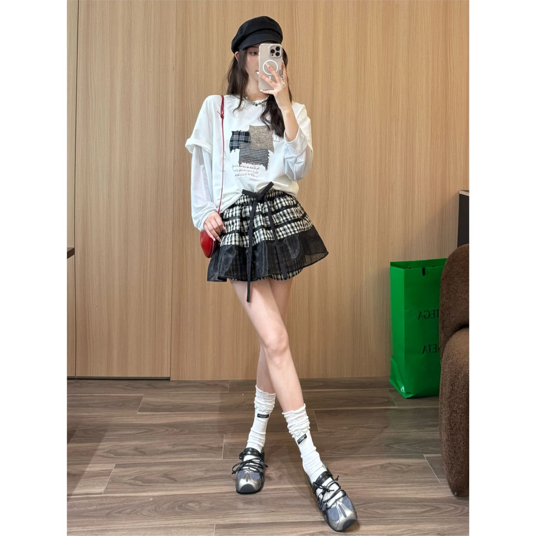 谢荞荞「雅黑格韵」夏季新款小众女装黑白格纹短裤半裙两件套