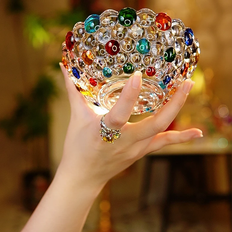 创意撞色水晶玻璃碗家用客厅干果糖果零食彩色玻璃碗