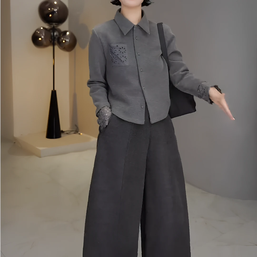 2025秋冬季钩花翻领单排扣镂空长袖拼接百搭正肩Polo领开衫衬衫