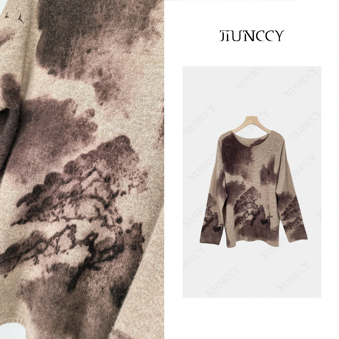 JIUNCCY【墨染】100山羊绒水墨晕染印花套头长袖毛衣 42ZZ081