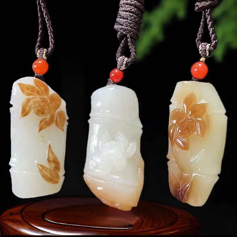 新货爆款纯天然新疆和田玉且末糖白玉节节高升挂件竹节挂件男女款