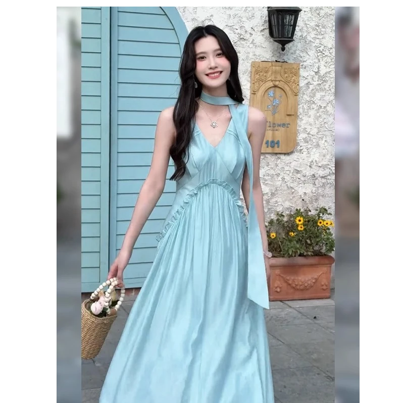 2025夏季新款温柔风气质木耳边V领连衣裙女装休闲法式超仙a字长裙