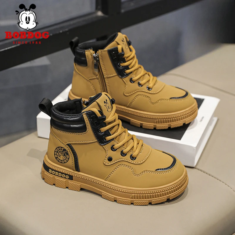 巴布豆男童马丁靴儿童靴子2025新款皮面春款皮靴美式短筒短靴童鞋