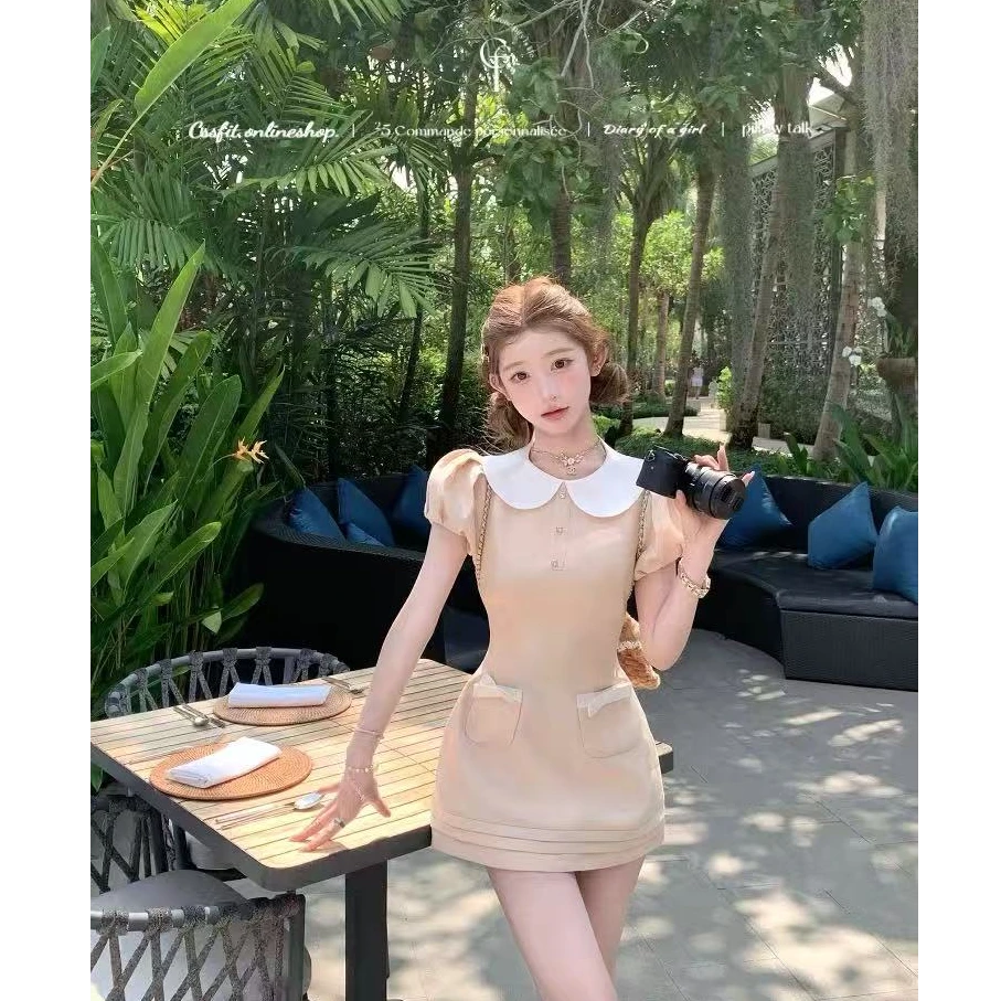 法式气质裸粉娃娃领泡泡袖口袋蝴蝶结连衣裙女2025春夏新款短裙潮