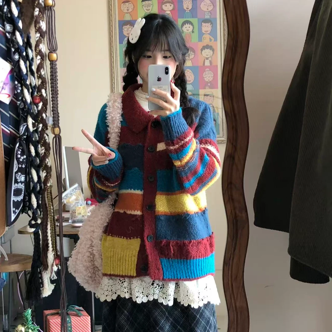 醒醒吖【彩虹跳塘】彩色条纹翻领针织外套宽松保暖慵懒毛衣L252216