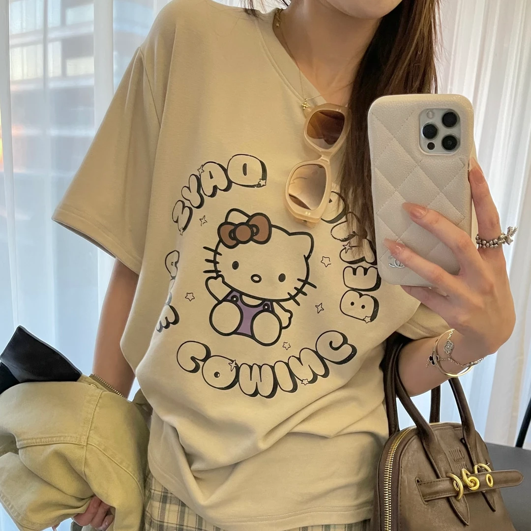 2025春夏季新款韩系卡通kitty猫印花减龄圆领舒适短袖T恤女上衣潮