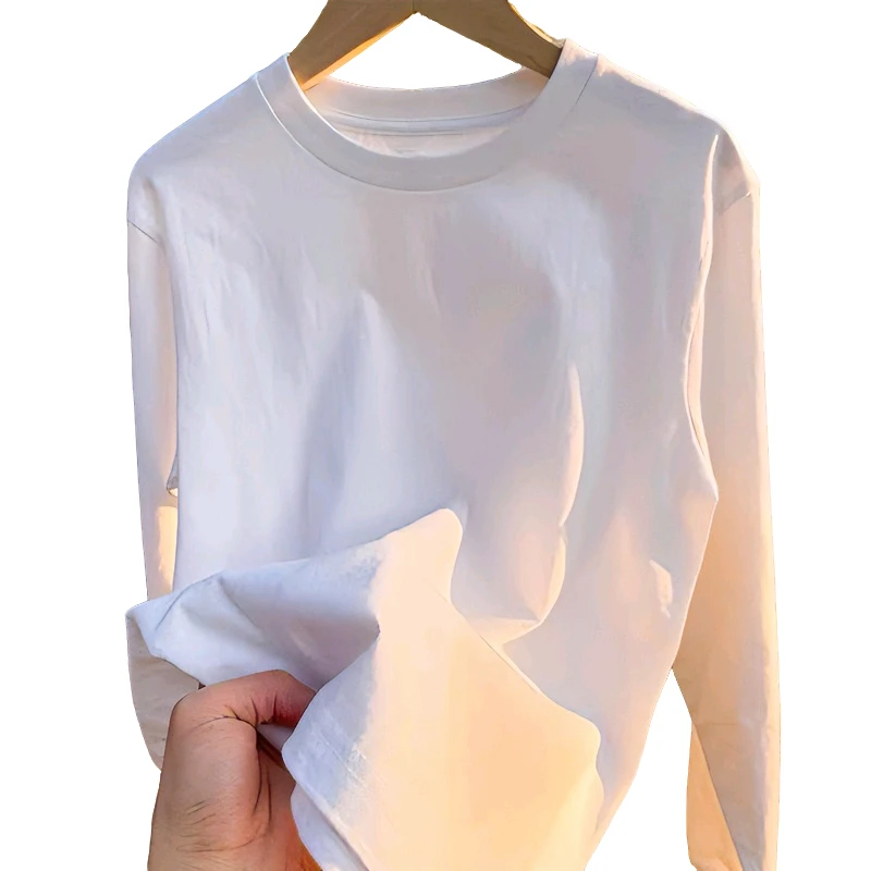 高端100%纯棉T恤男女白色T恤男女圆领简约上衣长袖打底衫长袖T恤