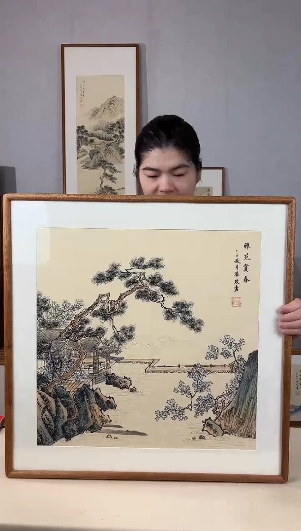 国画手绘*雅苑赏春*62*62cm实木框