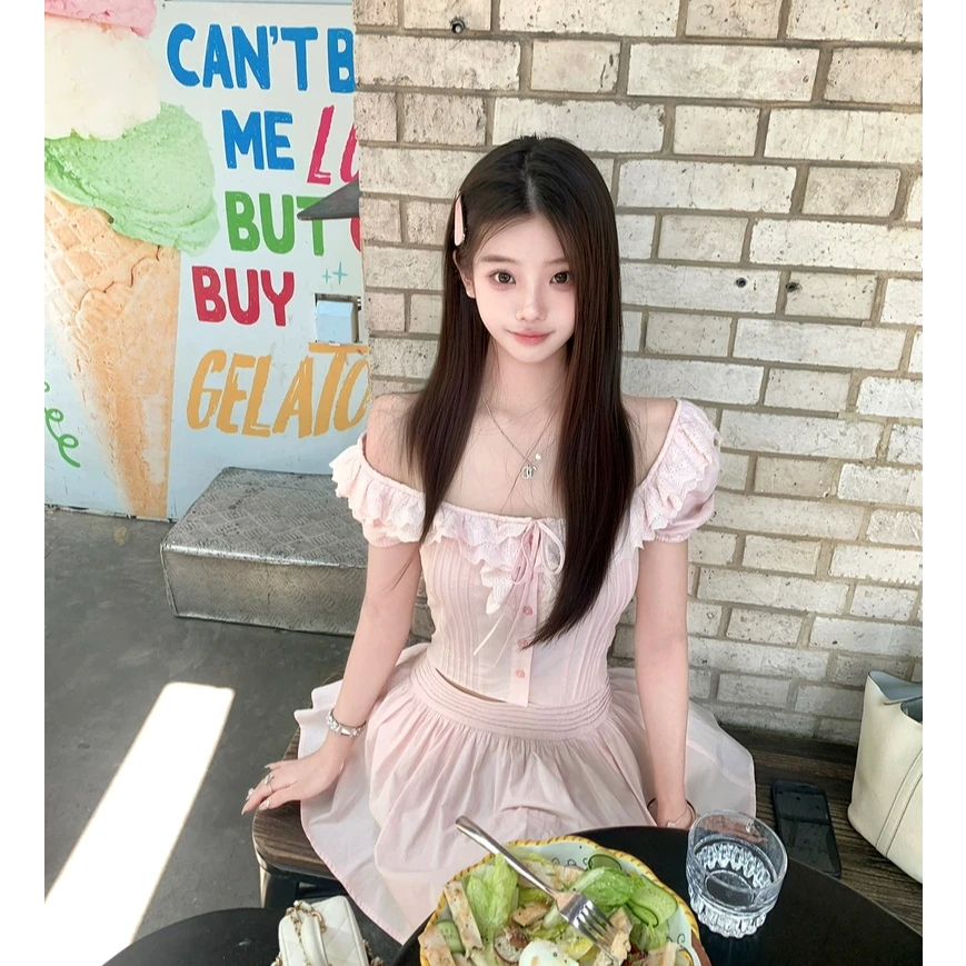 大码女装重工蕾丝拼接棉布泡泡袖甜美上衣A字半裙套装11682