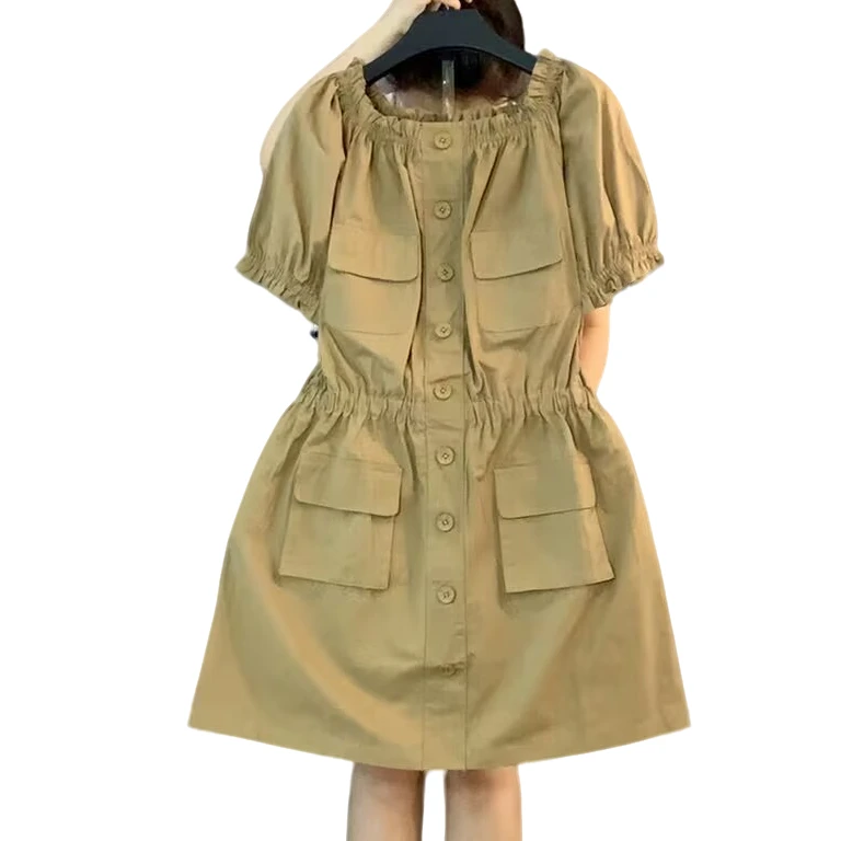 大维罗依TZ 欧货两穿一字肩水洗布简约风收腰连衣裙